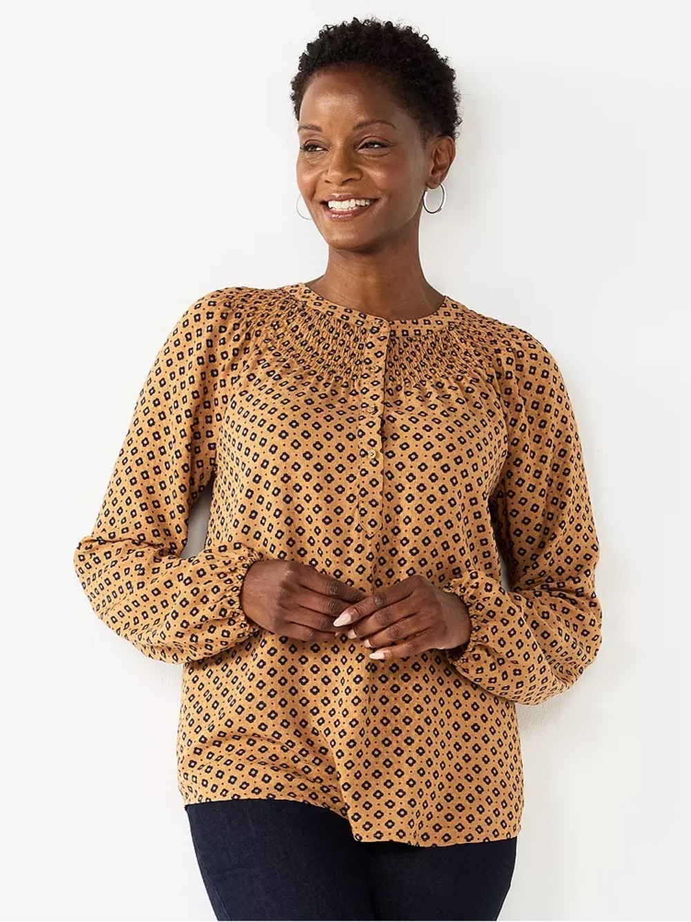 Women's Printed Smocked Yoke Blouse - Brown